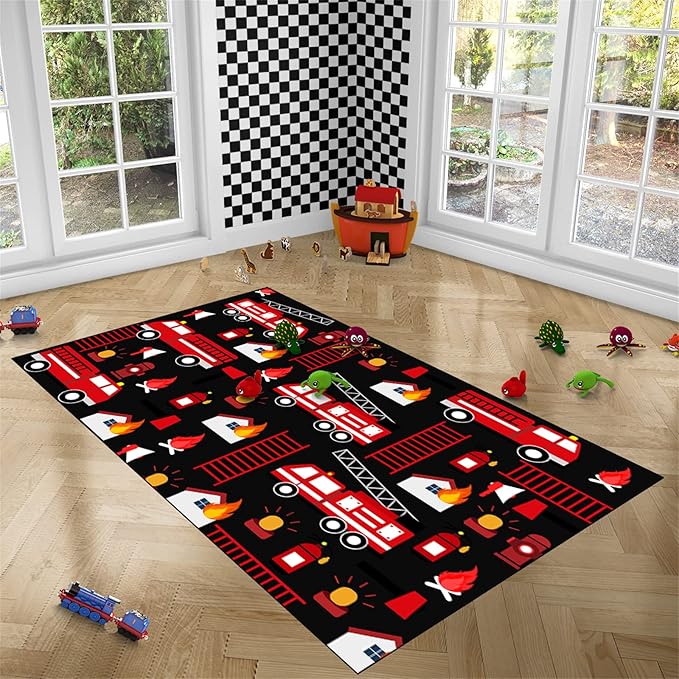 Car Play Rug Fire Fighting Truck Area Rug Car Rug Play Mat Kids Rugs for Playroomcar Rug for Boys Room Carpet Floor Mat for Bedroom Living Room,Black 4'5''×6'