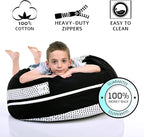 2 Sizes in 1 Stuffed Animal Storage Bean Bag Chair Cover for Kids & Adults | Washable XL Stuffie Seat | 100% Cotton | Pouf Organizer for Plush Toys, Linens, Quilts & Pillows | Black & White