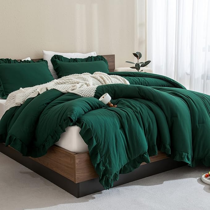 Andency Dark Green Ruffle Comforter Set, 2 Pieces Kids Comforter Set Twin(66x90Inch), Farmhouse Shabby Chic Comforter Set, Soft Microfiber Kids Bedding Set