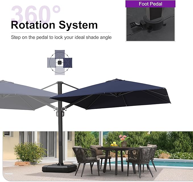 PURPLE LEAF 10 FT Cantilever Umbrella with Base Square Large Aluminum Outdoor Offset Patio Umbrella with 360° Rotation for Pool Garden Deck Backyard Navy Blue