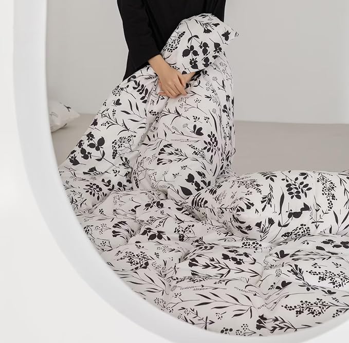 Botanical Comforter Set King White and Black Floral Plant Bedding Comforter Set Girls Garden Pattern Printed on White Blanket Rustic Leaf Blossom Women White Farmhouse Comforter King