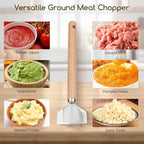 Meat Masher Stainless Steel Meat Chopper, 6-Blade Ground Beef Chopper Tool with 11" Wooden Handle for Hamburger,Turkey & Potato Masher (L, Wood Handle-1pc)