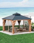 GAOMON Hardtop Spruce Wood Gazebo 12'x12', with Double Roof of Metal Sheets, 4.7'' Heavy Duty Poles, Net, and Curtain, Permanent Building for Patio, Deck, Backyard, Lawn, and Garden, Khaki
