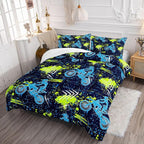 Axolotl Boys Dirt Bike Bedding Set Queen,Dirt Bike Comforter Set,Extreme Sports Tie Dye Bedding Set Motor Biker,Motocross Rider Comforter Set for Boys Kids Teens Men,1 Quilt 2 Pillowcases,Blue Green
