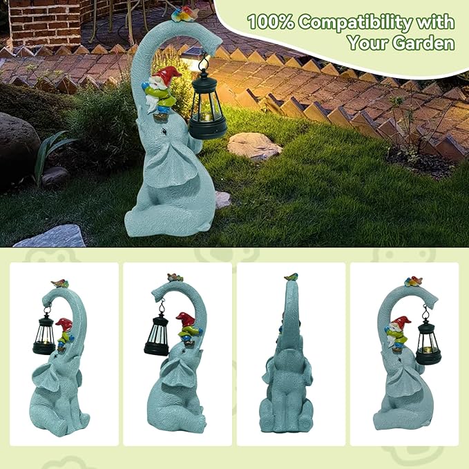Solar Elephant Garden Statues with LED Lights, Outdoor Decor for Patio Yard Balcony - Unique Housewarming Birthday Gifts for Women Mom Grandma