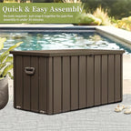 LANTRO JS 100 Gallon Metal Deck Box, Outdoor Storage Box Waterproof with Wheels, Lockable Storage Container for Patio Furniture Cushions Garden Tools, Dark Brown