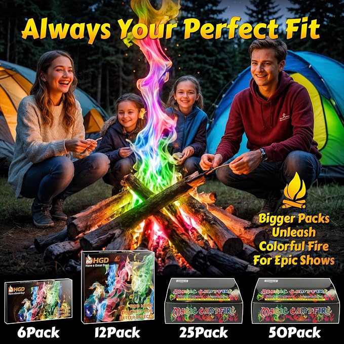 HGD (6 Pack) Magic Campfire Fire Color Changing Packets for Fire Pit, Indoor/Outdoor Fireplace, Bonfire - Rainbow Magical Flame, Camping Accessory, Compatible with Wood