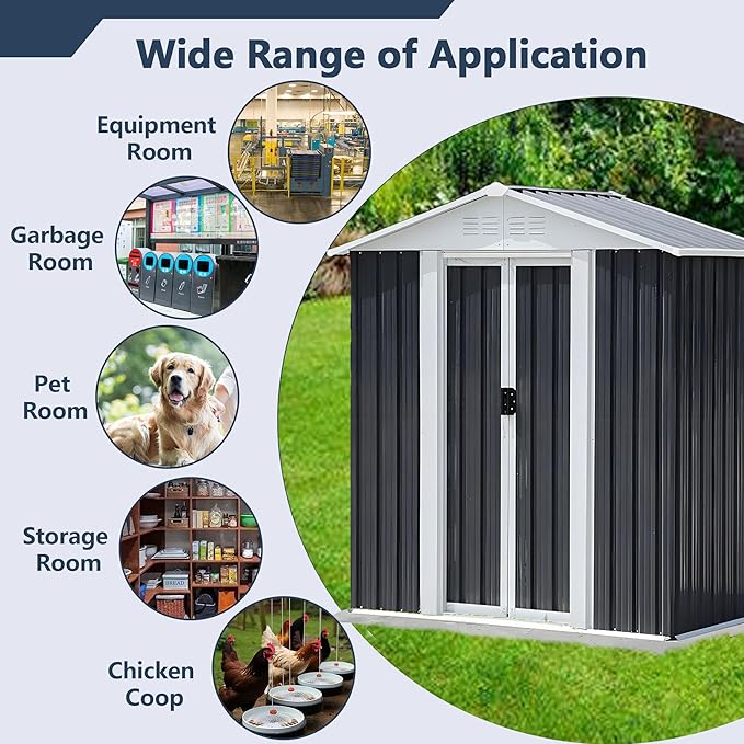 Outdoor Sheds 5FT x 3FT Outdoor Storage, Metal Anti-Corrosion Utility Tool House with Lockable Door & Shutter Vents，Outdoor Waterproof Garden Tool Metal Storage Sheds （Grey）
