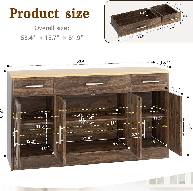 Vongrasig 53' Large Sideboard Cabinet with 4 Doors and 3 Drawers, Farmhouse Buffet Table Coffee Bar Kitchen Storage Cabinet, Wood Cabinet for Kitchen, Dining Room, Rustic Brown