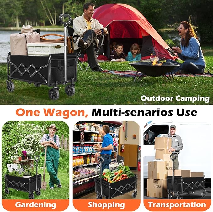 Wagons Carts Foldable, Collapsible Wagon, Foldable Wagon Cart with Wheels, Folding Wagons for Beach Camp Sports Garden, 2 Cup Holders/Lightweight Portable/Black/360 LBS