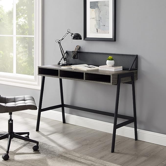 Walker Edison Jones Urban Industrial Metal Mesh Back Writing Desk, 42 Inch, Cerused Ash Grey