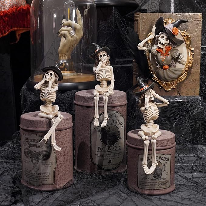 Halloween Statues No-Evil Skeleton Collectible-Figurines - Realistic Skeleton Halloween Decorations Indoor See Speak Hear No Evil Resin Witch Table Decor Set of 3, 2.5*5.5*4.5 inch Newman House Studio