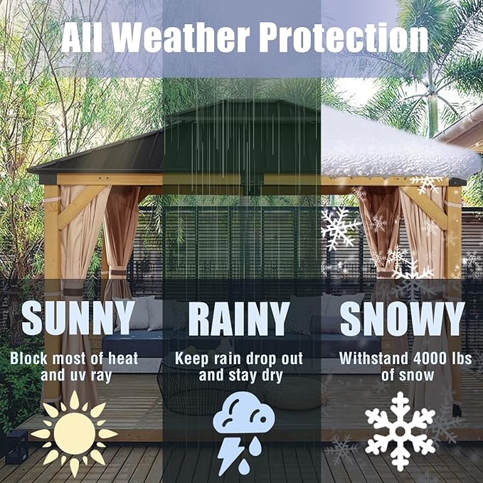 CHARMELEON 10'x12' Wood Gazebo,Patio Cedar Wood Gazebo with Mosquito Netting and Curtains, Galvanized Steel Hardtop Pavilion for Outdoor, Garden, Deck