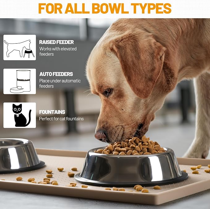 Hubulk Dog Feeding Mat,100% Waterproof Food Grade Silicone Pet Food and Water Bowl Placemat,Dishwasher, High Raised Edge to Prevent Spills,Nonslip Tray to Stop Messes on Floor（24"x16"x0.5", Taupe）