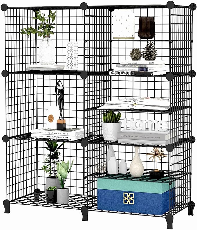 Wolizom Wire Cube Storage, Metal Grids Shelves Bookshelf, Stackable Modular Shelving Organizer, DIY Closet Bookcase Bookshelf, Grid Storage Shelf for Bedroom, Living Room, Office (Black, 3+6 Cube)