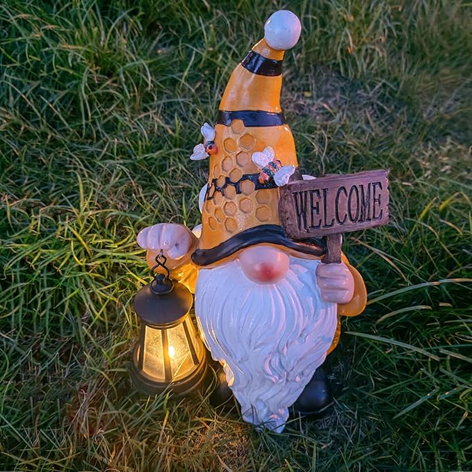 Gnome Garden Statues with Solar Lights Outdoor Gnomes Sculpture Yard Patio Decor for Lawn Ornaments Gardening Gifts（Bee Gnome