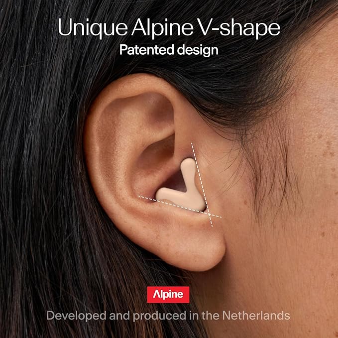 Alpine Silence Earplugs for Sleep, Focus & Travel - V-Shape Snug Fit & Soft Oval Tips – 4 Sizes XS/S/M/L - Comfortable, Reusable Hearing Protection - SNR 22dB & NRR 16 Noise Reduction – Beige