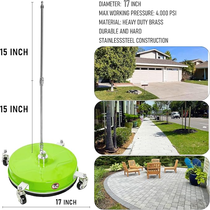17" Pressure Washer Surface Cleaner with 4 Wheels, Coated Green Stainless Steel Power Washer Surface Cleaner for Driveway Sidewalk, 1/4" Quick Connector 2 Extension Wand, 4000 PSI