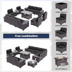 Patio Furniture Sectional Sofa Set 13PCS PE Rattan Patio Conversation Set w/43in Gas Fire Pit Table, Outdoor Furniture with 55000 BTU Propane Fire Pit, Black