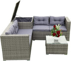 4 Piece Outdoor Furniture Set Wicker Rattan Patio Sectional Sofa with Storage Box and Table for Garden, Backyark, Porch Deck, Balcony, Grey