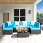 Pamapic 7-Piece Outdoor Furniture,All-Weather Wicker Modular Sectional Sofa with Patio Crystal Coffee Table, Adjustable Reclining Sectional Couch with Washable Removable Cushion Covers, Light Blue