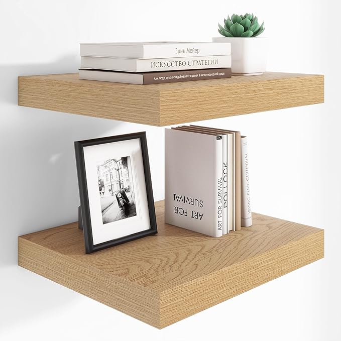 Heimlove 12 Inch Deep Floating Shelves, 16 x 12 inches Long Wall Shelf, Large Extra Display Shelf & Storage Shelf, Rustic Wood Wall Shelves for Fireplace Mantel, Oak - 2Pack