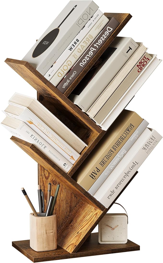 SUNMORY 4 Tier Tree Bookshelf, Small Bookcase, Modern Narrow Bookshelves Organizer, Floor Standing Book Shelf for Bedroom/Living Room/Home Office/Corner, Brown