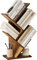 SUNMORY 4 Tier Tree Bookshelf, Small Bookcase, Modern Narrow Bookshelves Organizer, Floor Standing Book Shelf for Bedroom/Living Room/Home Office/Corner, Brown
