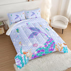 HOSIMA Mermaid Tail Comforter Set 3Pcs with 2 Pillowcases,Purple Fish Scales Bedding Set for Girls Kids Women,Cartoon Ocean Life Sea Animal Queen Comforter Set Mermaid Room Decor