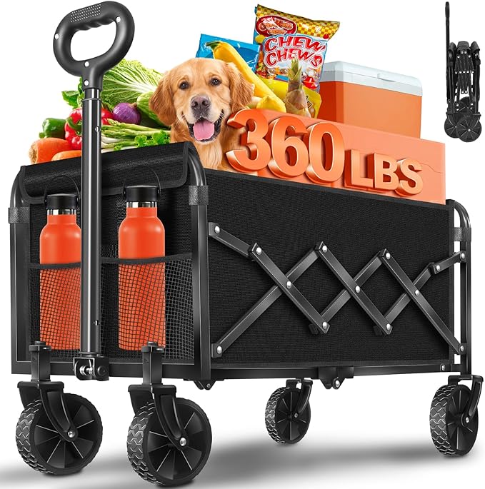 Wagons Carts Foldable, Collapsible Wagon, Foldable Wagon Cart with Wheels, Folding Wagons for Beach Camp Sports Garden, 2 Cup Holders/Lightweight Portable/Black/360 LBS