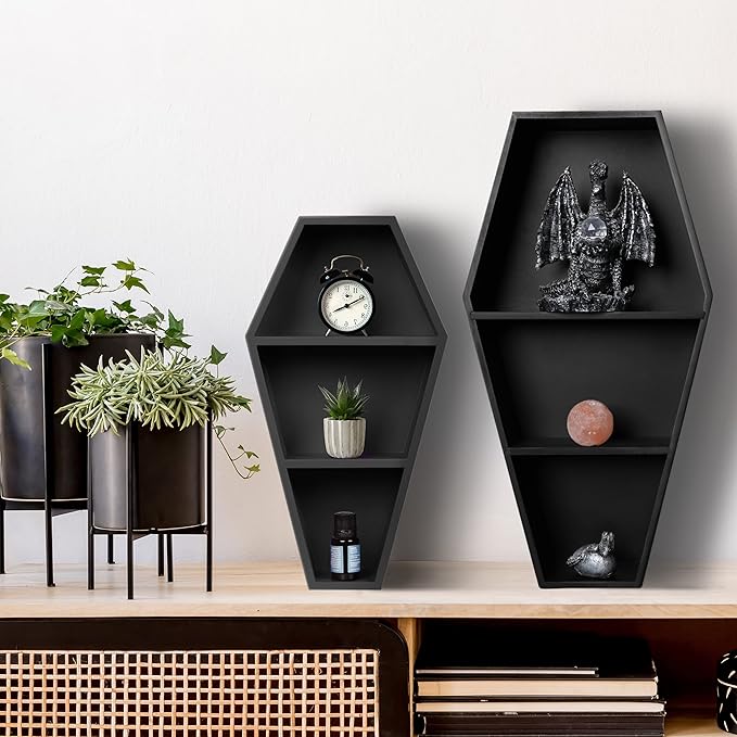 MANNY'S MYSTERIOUS ODDITIES Coffin Bookshelf - Includes Removable Shelves - Small and Large Coffin Shelf 20 Inch and 14 Inch - Gothic Decor for Home