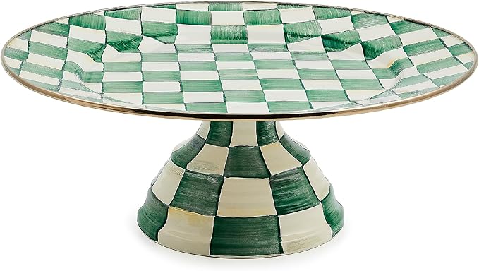 MACKENZIE-CHILDS Enamel Pedestal Platter, Round Cake Stand, Large, Green-and-White Emerald Check