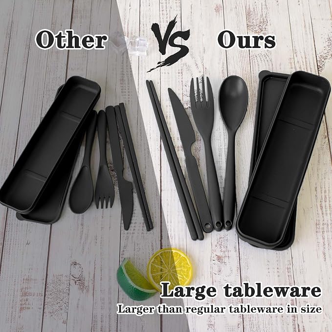 Large Reusable Travel Utensils Set with Case, Plastic Set for Adults Travel Picnic Camping, Portable Flatware Cutlery Set with Chopsticks for Daily Use(Black)