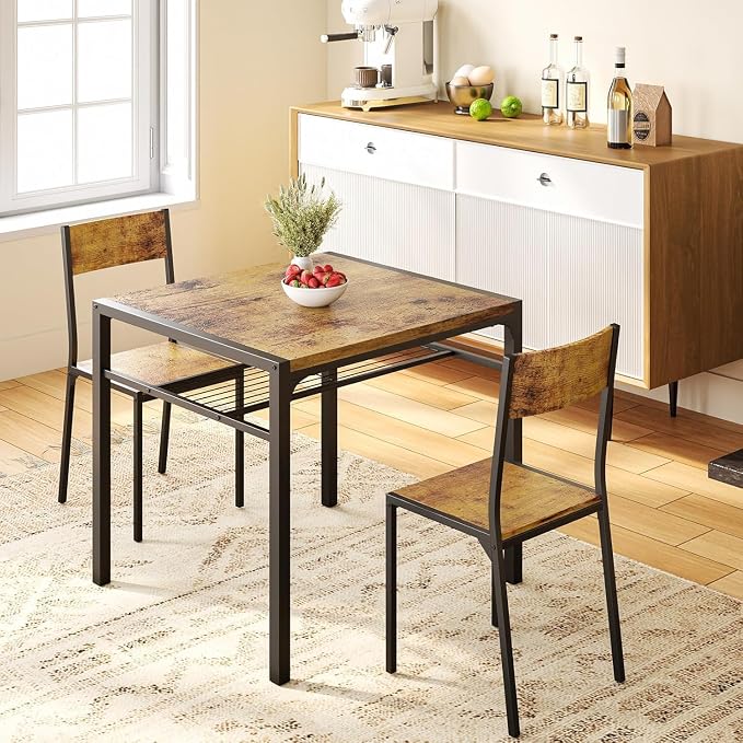 Gizoon 3-Piece Dining Table Set for 2, Small Kitchen Table & Chairs Rustic | Compact rustic 2-person dining set perfect for apartments. Features under-table storage rack and 2 chairs that tuck away.