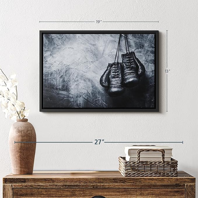 ElephantStock Boxing Gloves Wall Art - Horizontal Framed Canvas - 1-Piece Living Room Wall Decor - Photography Sports Canvas Print - Black and Gray Decor for Wall - 19" X 13"