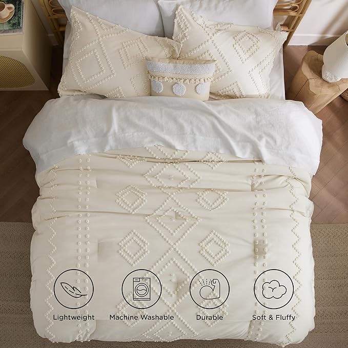 Bedsure Boho Comforter Set Full - Beige Tufted Bedding Comforter Set, 3 Pieces Farmhouse Shabby Chic Embroidery Bedding Set, Soft Geometric Pattern Comforter for All Seasons