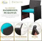 Shintenchi Wicker Patio Conversation Furniture Set with Detachable Chairs & Table and Two Removable Cushions,Rattan Wicker Lover Chair for Patio,Garden, Courtyard and Lawn Backyard (Blue)