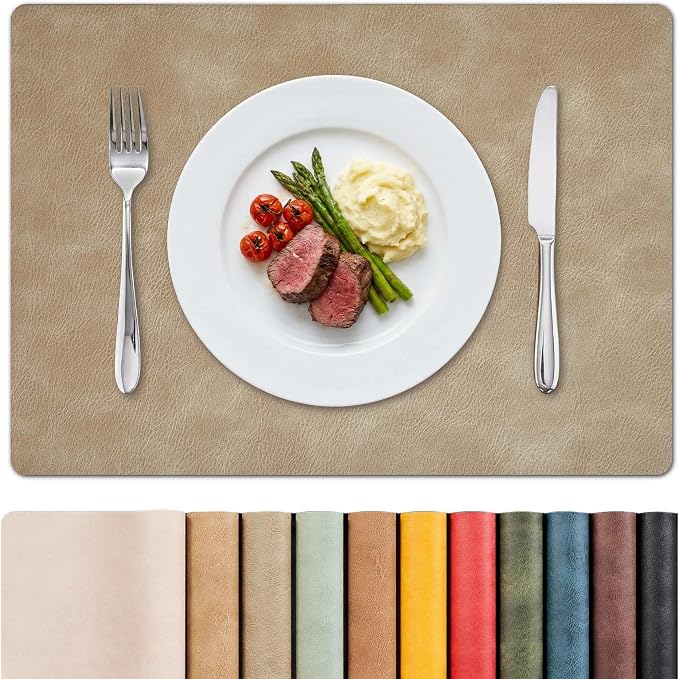 MOSAYT Vinyl Placemats Set of 6-12 X 17 Inch - Faux Leather 100% Waterproof Oil-Proof Wipeable PU Place Mats, Heat Resistant Reversible Table Mats for Kitchen, Dining, Outdoor, Apricot