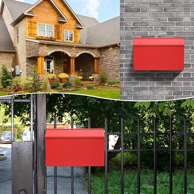 KYODOLED Wall-Mount Mailbox, Large Capacity Mail Box, Galvanized Steel Rust-Proof Metal Post Box, Mailboxes for Outside,15.7"x9.9"x4.9" Red