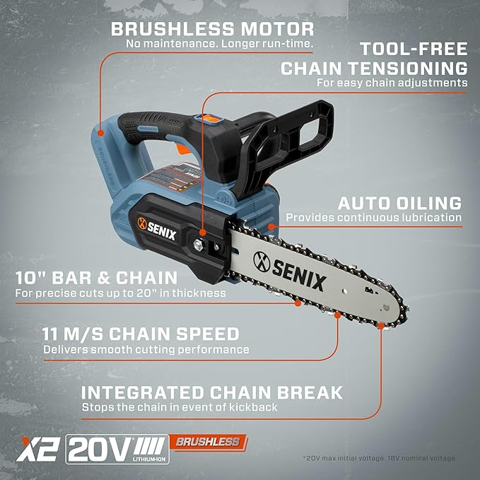 SENIX 20V 10" Electric Chainsaw, Cordless Battery Powered Top Handle Chainsaw, Brushless Chain Saw, Garden Tool for Trees, Pruning, Branch Cutting, Yard, Fathers Day Gift, Tool Only, CSX2-M1-0
