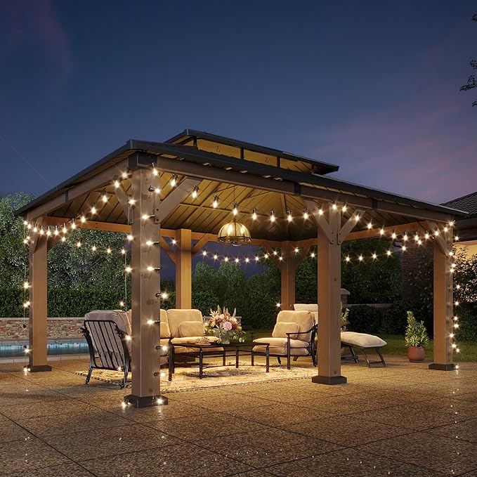 Aoxun 12' x 16' Outdoor Wood Gazebo, Hardtop Gazebo Permanent Wooden Pavilion with Galvanized Steel Double Roof, for Patio, Garden, Backyard, Cedar Wood