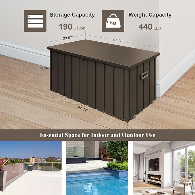 Domi Deck Box 190 Gallon, Waterproof Lockable Steel Outdoor Storage Container for Outside Cushions, Garden Tools and Pools Equipment, Brown
