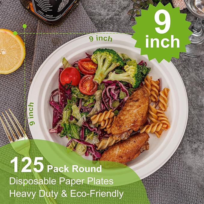 WELLIFE 100% Compostable Paper Plates 9 Inch, 125-Pack Heavy Duty Paper Plates Bulk,Biodegradable Bagasse,Eco-Friendly Disposable Dinner Plate for BBQ,Picnic,Party (BPI Certified,Microwaveable)