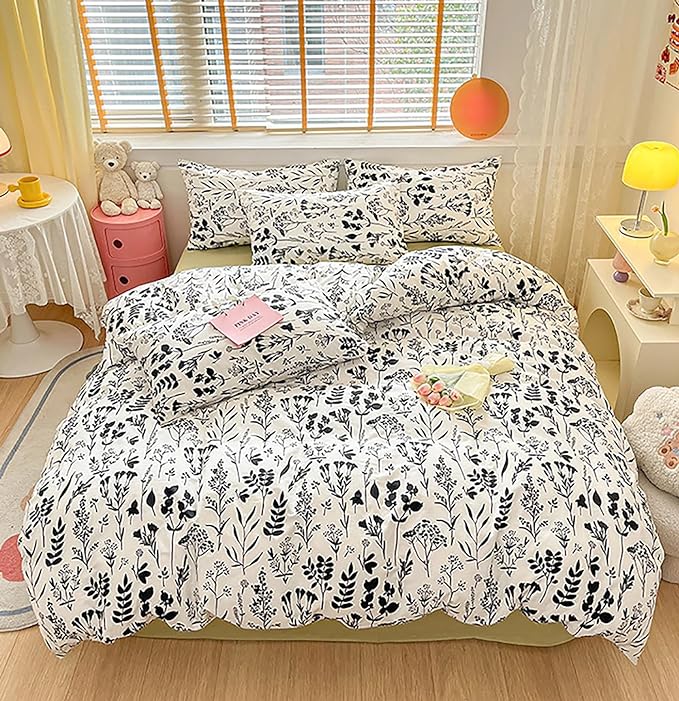 Botanical Comforter Set King White and Black Floral Plant Bedding Comforter Set Girls Garden Pattern Printed on White Blanket Rustic Leaf Blossom Women White Farmhouse Comforter King