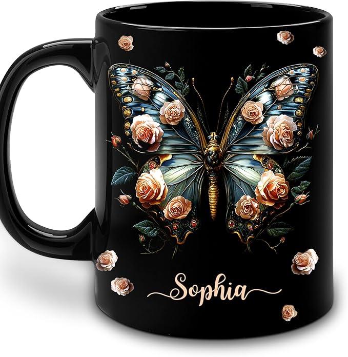 Hyturtle Personalized Butterfly 2D Print Mug - Butterfly Gifts For Women Lovers - Animal Gift For Bird Lover Her - Bird Gifts For Mom on Mother Day - Custom Name Coffee Cup Ceramic Mug 11 Oz 15 Oz