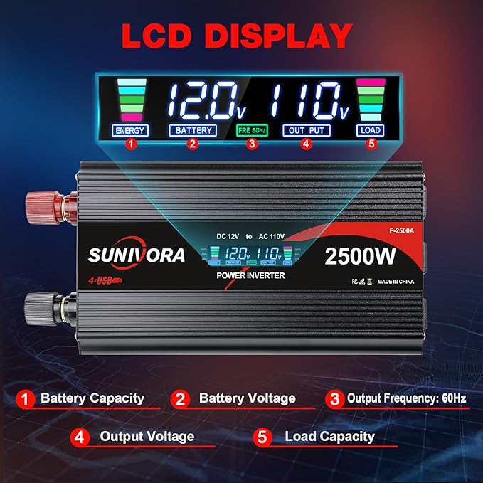 2500 Watt Inverter with LCD & Remote Control 12V DC to 110V/120V AC 60HZ Power Converter 5000W(Peak) with 4 Sockets & 4 USB Ports Power Inverters for Vehicles RV Truck Camping