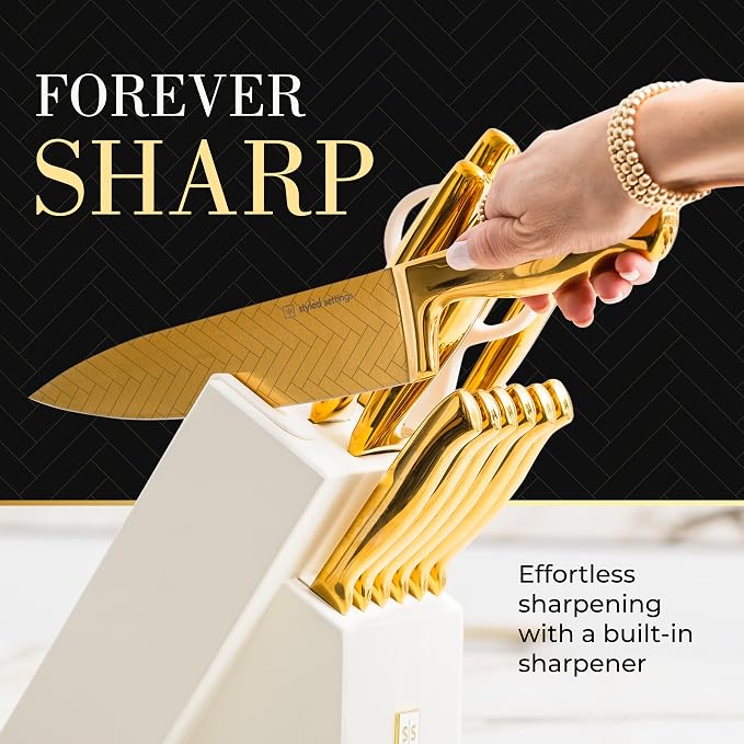 Styled Settings Gold Knife Set with Block and Sharpener, 14-Piece | Stainless Steel, Titanium Gold Knives with Pattern and Knife Block with Built-in Sharpener, Durable, Gold Kitchen Accessories