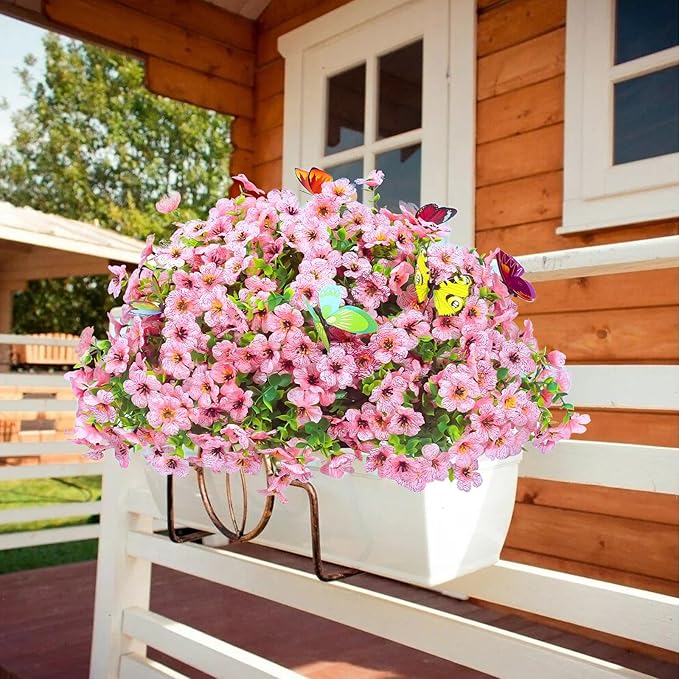 ‌20 Bundles Artificial Flowers for Outdoors‌ with 6 Faux Butterflies, UV Resistant ‌Fake Flowers‌ with Eucalyptus Leaves, ‌Artificial Plants Outdoor‌ for Patio Garden Porch Home Decor (Pink)