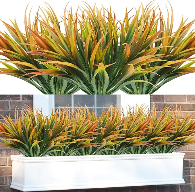16Pcs Artificial Grass Fake Plants 17.3in Outdoor Plastic Plants UV Resistant Greenery Fake Grass for Home Window Garden Office Patio Hanging Planter Pathway Front Porch Décor Orange Yellow