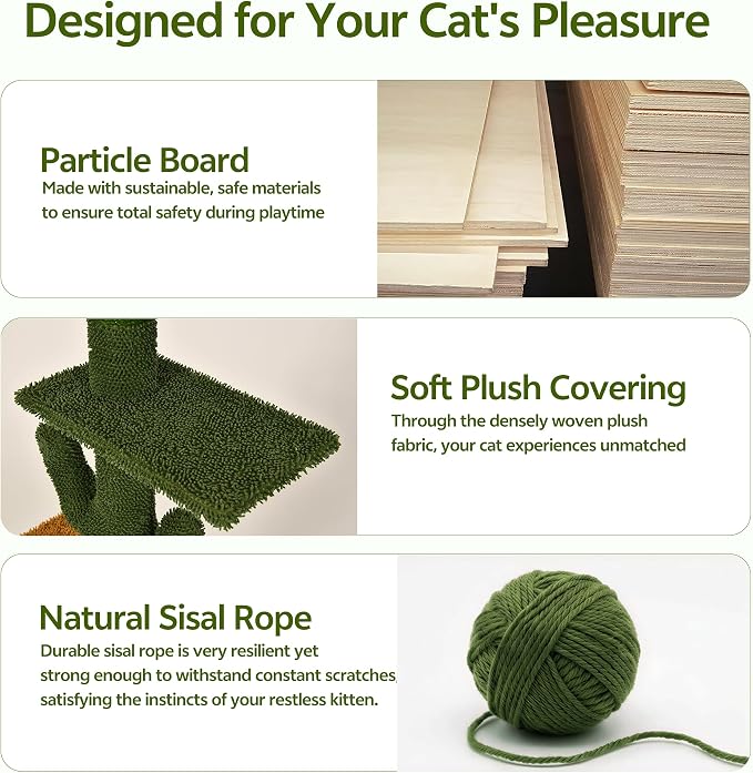Cactus Cat Climbing Furniture Set with Floor to Ceiling Cat Tree | 5 Tier Cat Tower Adjustable Height (87-104in) and Wall Mounted Cat Shelves, with Cat Scratching Posts, House, Condo, Green